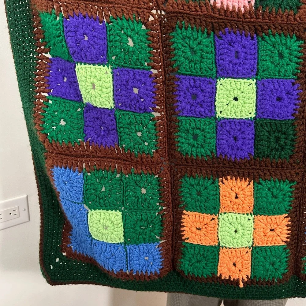VTG 70s Granny‎ Square Crochet Blanket Throw Cottagecore Boho Handmade 42x42